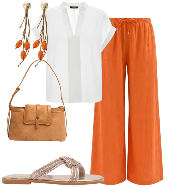 Outfit donna - Rinascimento. Stile Casual chic per Tutti i giorni. Abbinamento con orecchini, pantaloni a palazzo, bluse, sandali, borse a tracolla.