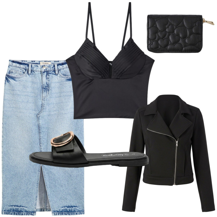 Outfit donna - Azzurro denim. Stile Casual per Tutti i giorni. Abbinamento con gonne longuette, ciabatte, portafogli, giacche, canottiere.