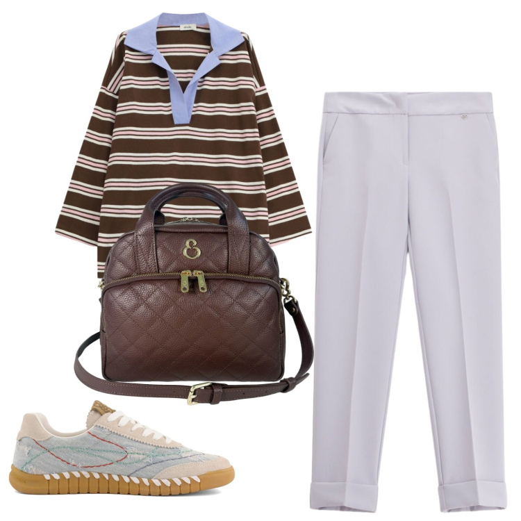 Outfit donna - Borsa protagonista. Stile Casual chic per Tutti i giorni. Abbinamento con pantaloni, t-shirt, borse a mano, sneakers.
