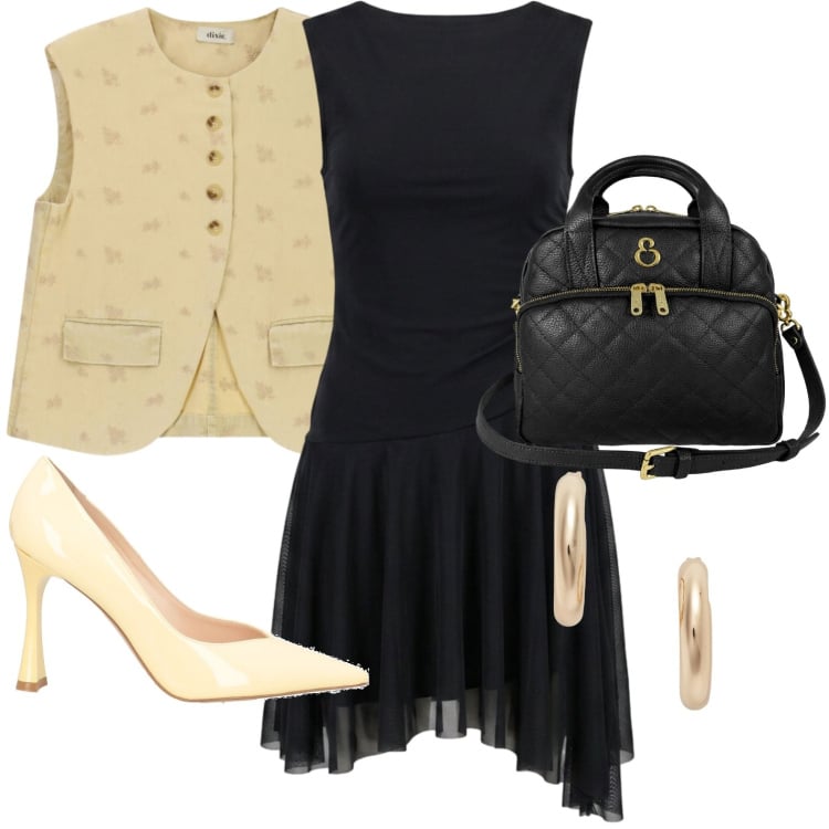 Outfit donna - Tocco distintivo. Stile Glamour per Tutti i giorni. Abbinamento con décolleté, gilet, vestiti corti, orecchini, borse a mano.