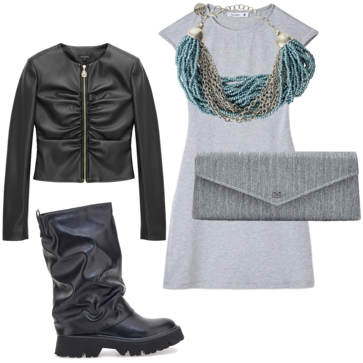 Outfit donna - Urban night. Stile Basic per Serata fuori. Abbinamento con vestiti corti, giacche, pochette, braccialetti, stivali.