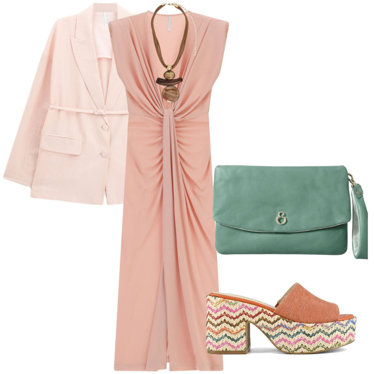 Outfit donna - Aperitivo al tramonto. Stile Chic per Serata fuori. Abbinamento con vestiti lunghi, blazer, ciondoli, pochette, sandali col tacco.