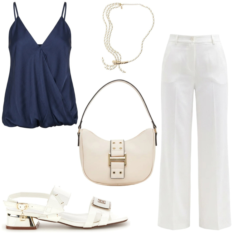 Outfit donna - Bon ton. Stile Bon Ton per Serata fuori. Abbinamento con collane, pantaloni, top, sandali col tacco, borse a tracolla.