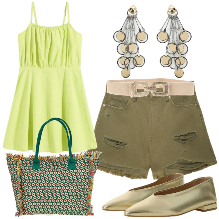 Outfit donna - Top verde mela. Stile Casual per Tutti i giorni. Abbinamento con vestiti corti, shorts, ballerine, orecchini, cinture, shopping bag.