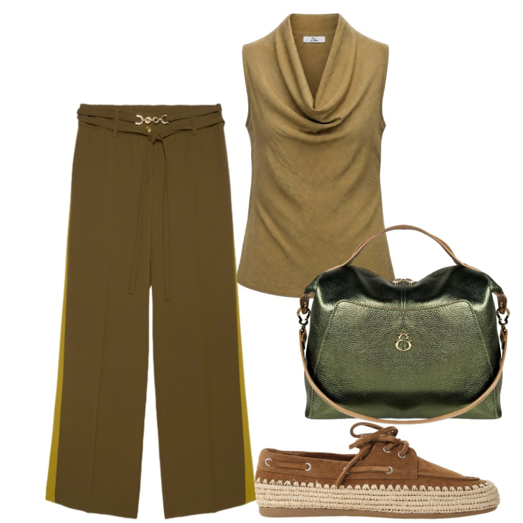Outfit donna - Borsa protagonista 2. Stile Casual chic per Tutti i giorni. Abbinamento con canottiere, scarpe stringate, pantaloni, borse a mano.