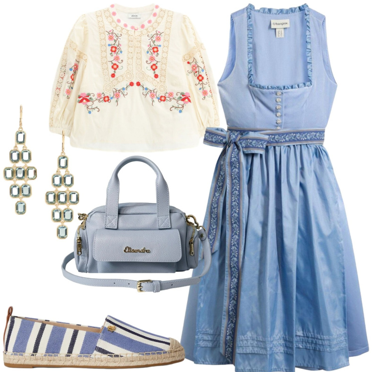 Outfit donna - Folklore. Stile Glamour per Tutti i giorni. Abbinamento con vestiti midi/longuette, camicie a manica corta, espadrillas, orecchini, borse a mano.