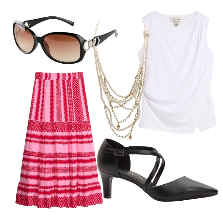 Outfit donna - Agosto. Stile Bon Ton per Tutti i giorni. Abbinamento con top, gonne lunghe, décolleté, occhiali da sole, collane.