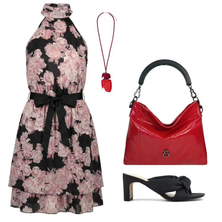 Outfit donna - Armonia e contrasto. Stile Chic per Serata fuori. Abbinamento con vestiti corti, ciondoli, borse a mano, sandali col tacco.