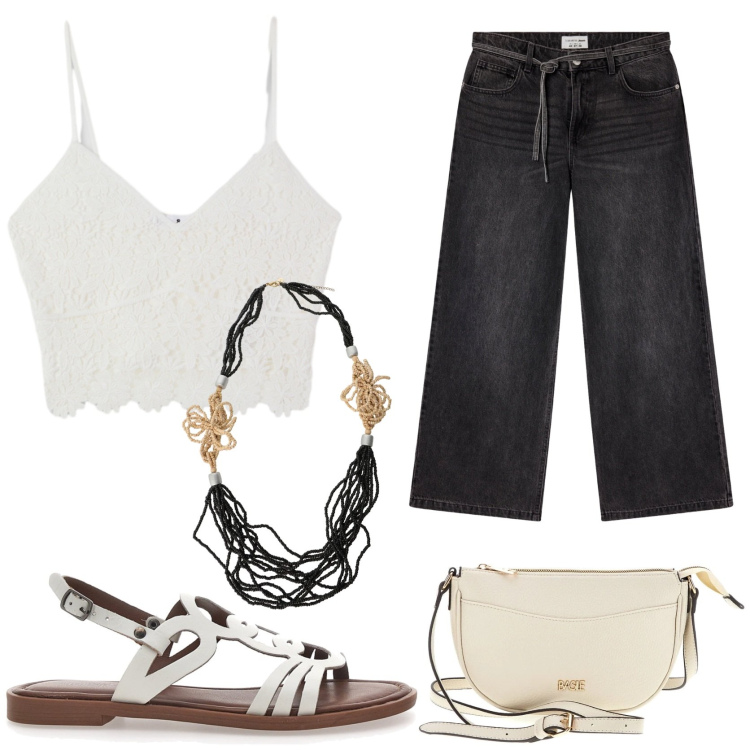 Outfit donna - Boho chic Urban edition. Stile Boho per Tutti i giorni. Abbinamento con jeans, top, collane, sandali, borse a tracolla.