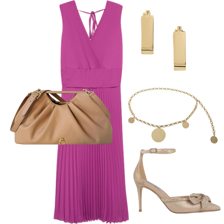 Outfit donna - Agosto. Stile Glamour per Cerimonia. Abbinamento con décolleté, cinture, vestiti lunghi, clutch, orecchini.