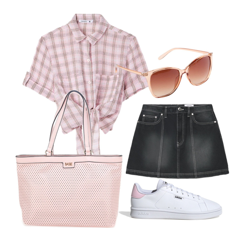 Outfit donna - Agosto. Stile Casual per Tutti i giorni. Abbinamento con occhiali da sole, minigonne, camicie a manica corta, borse a spalla, sneakers.