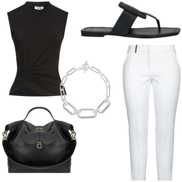 Outfit donna - Workwear stilosa in ufficio. Stile Trendy per Tutti i giorni. Abbinamento con pantaloni, ciabatte, top, collane, borse a spalla.