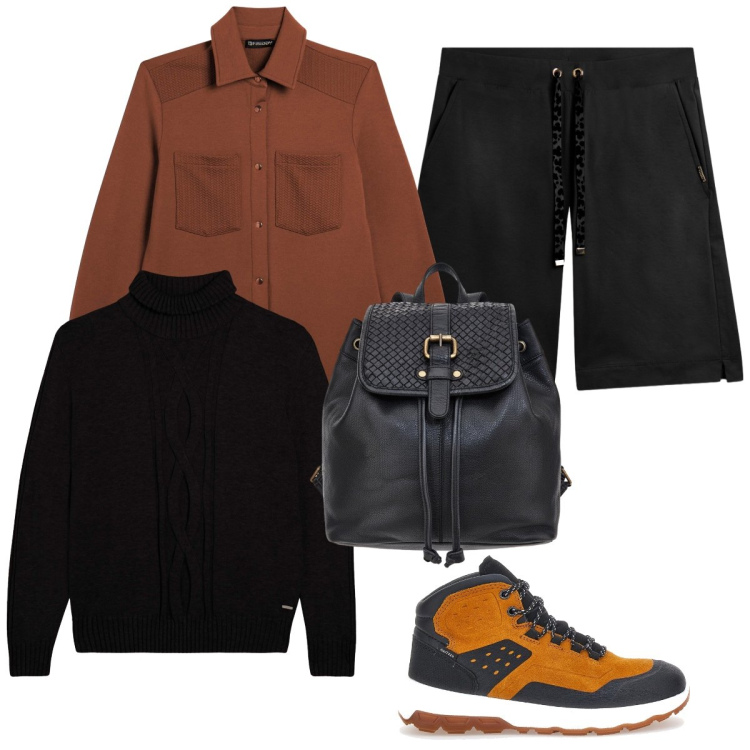 Outfit donna - In montagna. Stile Casual per Tutti i giorni. Abbinamento con bermuda, maglieria, camicie, scarpe sportive, zaini.