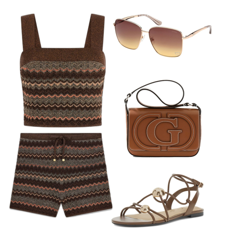 Outfit mujer - Étnico #703. Estilo Étnico para Todos los días. Combinación con sandalias de piel, bolsos de hombro, gafas de sol, top, pantalones cortos.