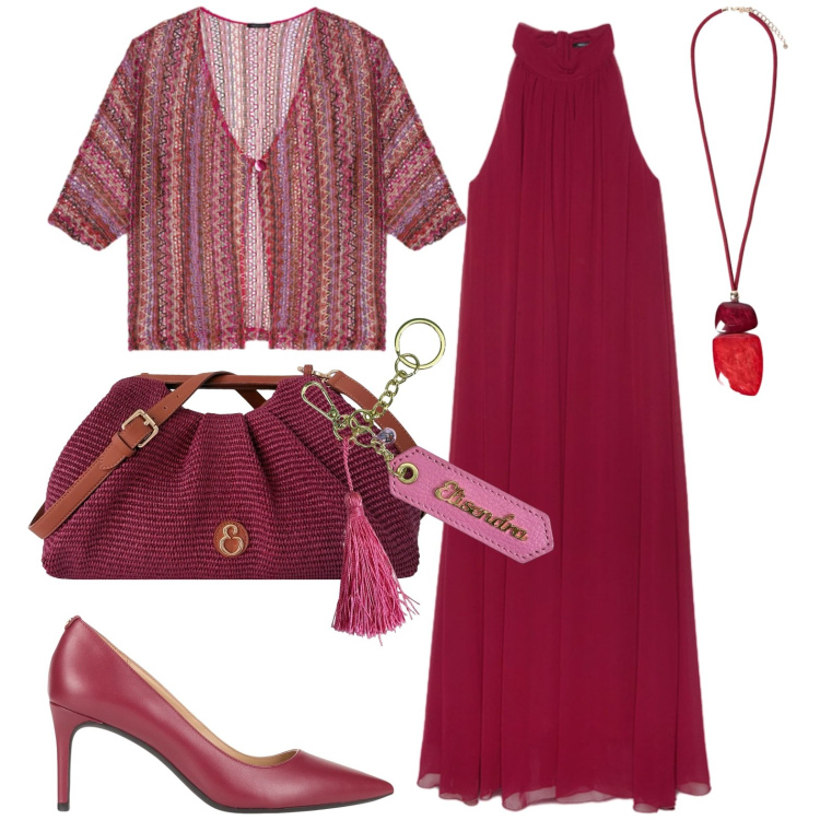 Outfit donna - Serata. Stile Casual chic per Tutti i giorni. Abbinamento con décolleté, vestiti lunghi, kimono, ciondoli, clutch, portachiavi.