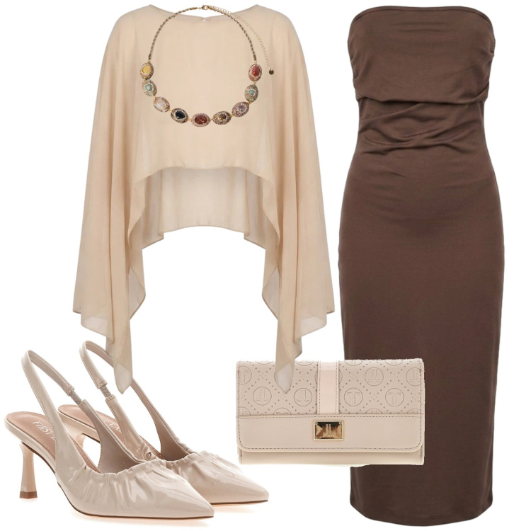 Outfit donna - Serata estiva. Stile Chic per Serata fuori. Abbinamento con blazer, vestiti midi/longuette, collane, décolleté, portafogli.