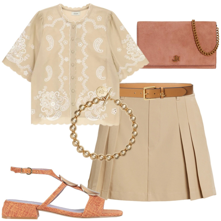 Outfit donna - Gonna al ginocchio. Stile Casual chic per Tutti i giorni. Abbinamento con sandali in pelle, camicie, minigonne, braccialetti, cinture, borse a tracolla.