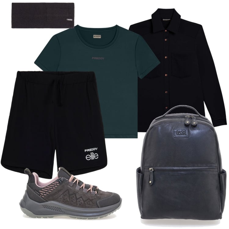 Outfit donna - Camminata rilassante. Stile Casual per Tutti i giorni. Abbinamento con camicie, t-shirt, bermuda, accessori per capelli, scarpe sportive, zaini.