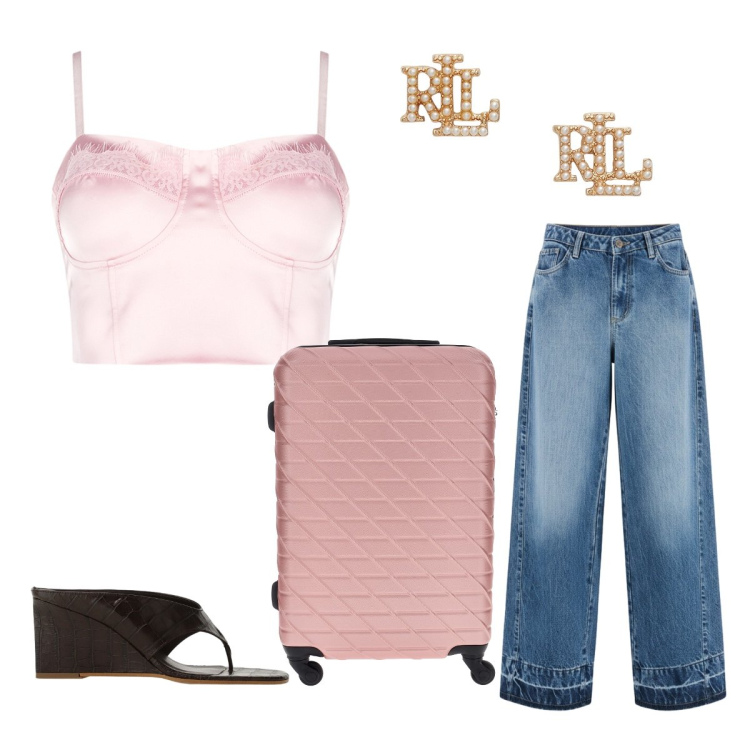 Outfit donna - Viaggio. Stile Sexy per Tutti i giorni. Abbinamento con top, jeans dritti, sandali, orecchini, valigie.