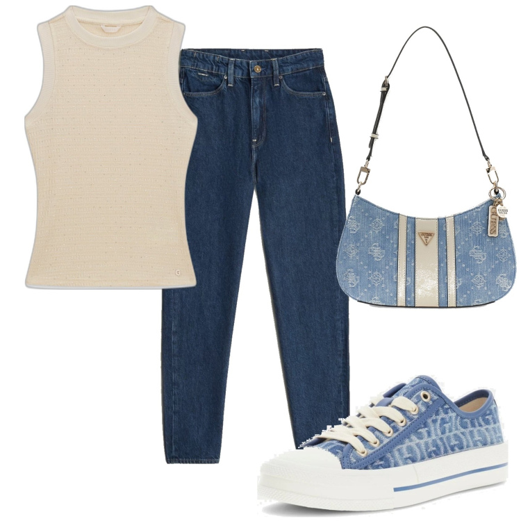 Outfit mujer - Urban style. Estilo Urban para Todos los días. Combinación con bandoleras, top, sneakers, vaqueros mom.