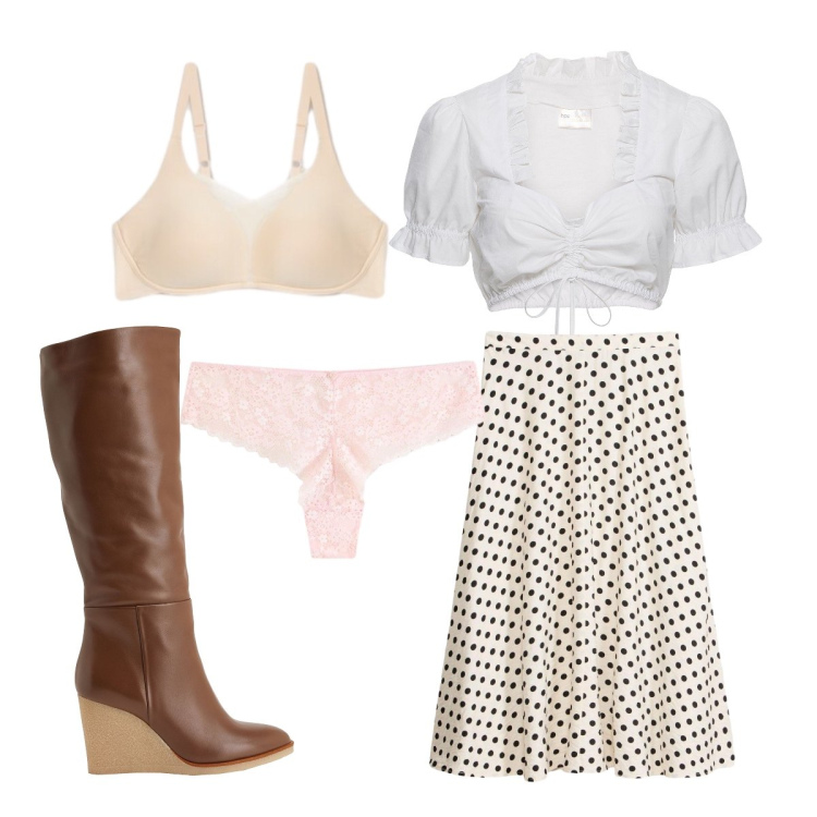 Outfit donna - Agosto. Stile Glamour per Ufficio. Abbinamento con stivali, top, culotte, gonne longuette, reggiseni.