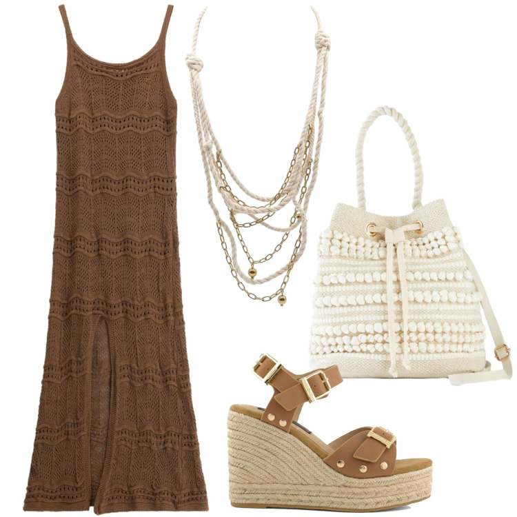 Outfit donna - Vacanza al mare. Stile Boho per Mare. Abbinamento con borse a secchiello, collane, vestiti lunghi, zeppe.