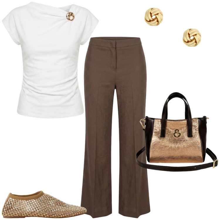 Outfit donna - Casual chic ufficio tempo libero. Stile Casual chic per Tutti i giorni. Abbinamento con ballerine, t-shirt, pantaloni, orecchini, borse a mano.