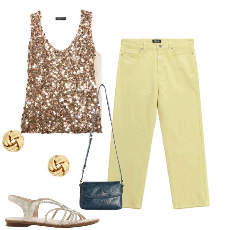 Outfit donna - Total look #2445008. Stile Casual chic per Tutti i giorni. Abbinamento con sandali, borse a tracolla, jeans dritti, top, orecchini.
