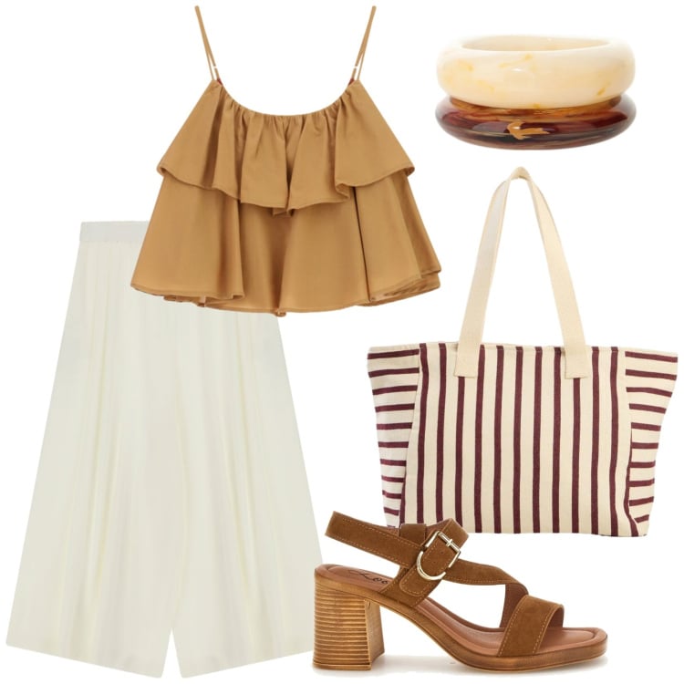 Outfit donna - Vacanza in Puglia. Stile Vintage retrò per Tutti i giorni. Abbinamento con shopping bag, pantaloni a palazzo, top, braccialetti, sandali col tacco.