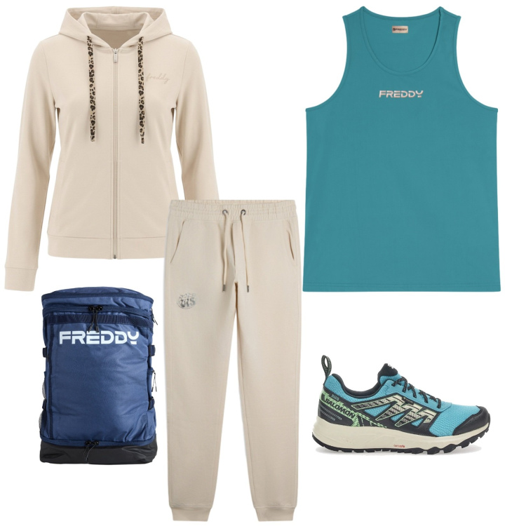 Outfit donna - Total look #2445012. Stile Sporty chic per Sport. Abbinamento con zaini, felpe con cappuccio, pantaloni sportivi, canottiere, scarpe sportive.
