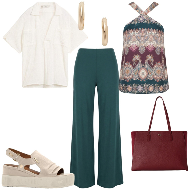 Outfit donna - Casual chic ogni giorno. Stile Casual chic per Tutti i giorni. Abbinamento con sandali, tuniche, shopping bag, top, pantaloni a palazzo, orecchini.