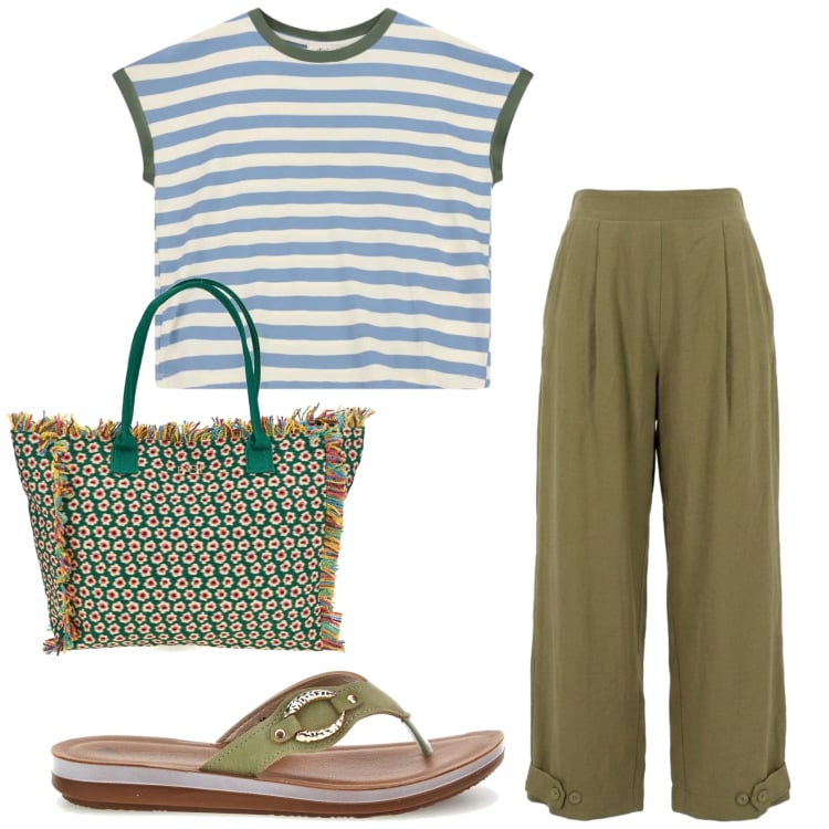 Outfit donna - Total look #2445016. Stile Trendy per Tutti i giorni. Abbinamento con top, pantaloni, infradito, shopping bag.