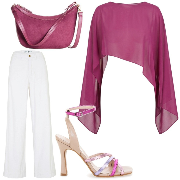 Outfit donna - Estate in disco. Stile Glamour per Serata fuori. Abbinamento con jeans, borse a tracolla, top, sandali col tacco.