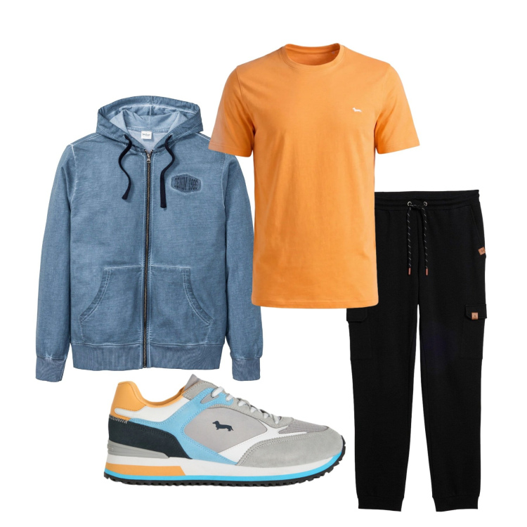 Outfit uomo - Total look #2445027. Stile Urban per Sport. Abbinamento con felpe con cappuccio, pantaloni sportivi, sneakers, t-shirt.