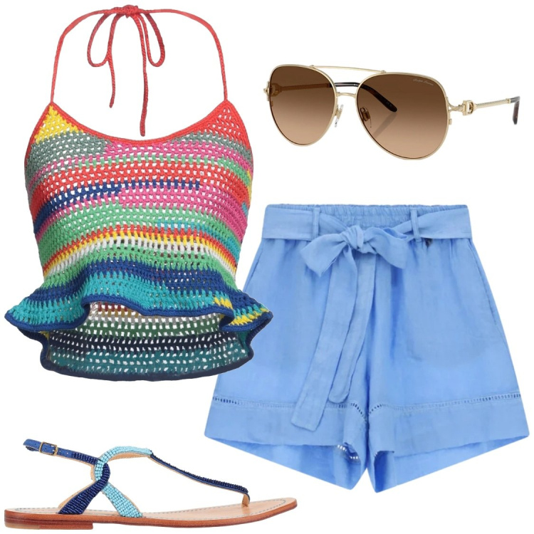 Outfit donna - Vacanze colorate. Stile Chic per Tutti i giorni. Abbinamento con top, infradito, shorts, occhiali da sole.