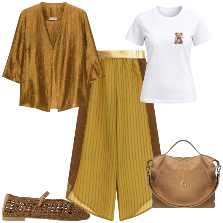 Outfit donna - Casual chic ufficio tempo libero. Stile Casual chic per Tutti i giorni. Abbinamento con t-shirt, pantaloni a palazzo, ballerine, cinture, blazer, borse a mano.