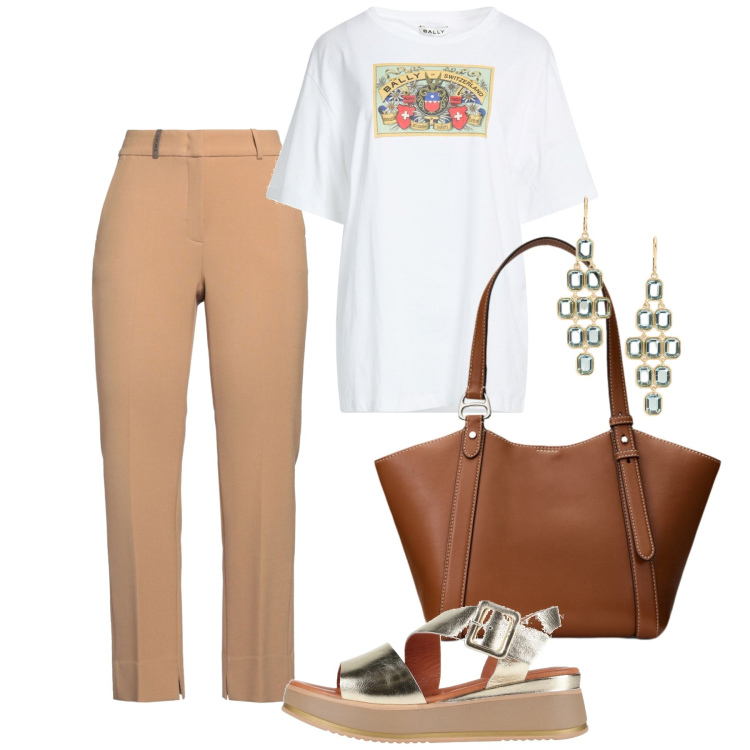 Outfit donna - Agosto. Stile Bon Ton per Tutti i giorni. Abbinamento con pantaloni, t-shirt, sandali in pelle, orecchini, borse tote.