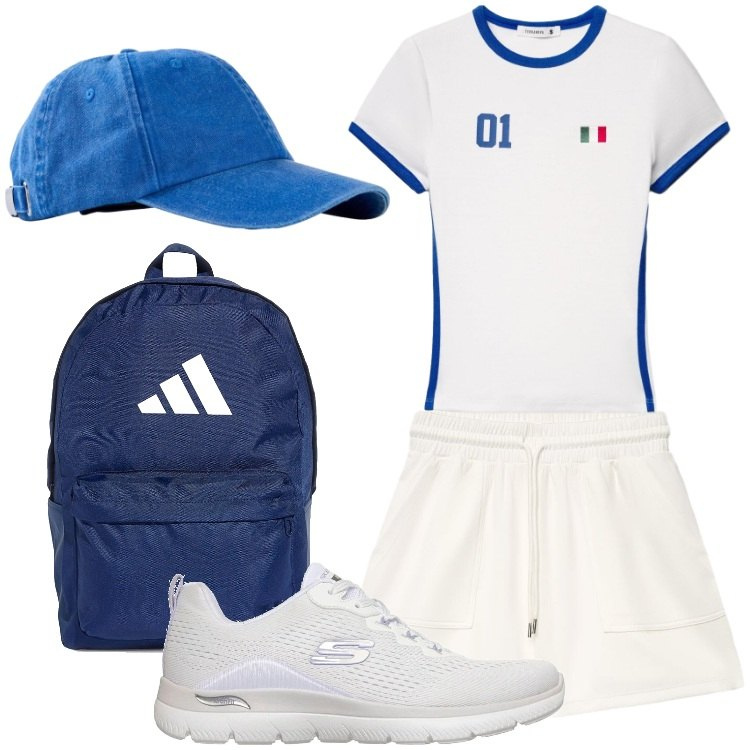 Outfit donna - Sport ad agosto. Stile Casual per Sport. Abbinamento con cappelli con visiera, bermuda, t-shirt sportive, zaini, scarpe sportive.