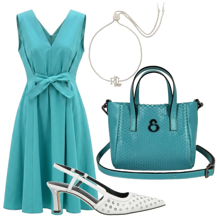 Outfit donna - Vestiti in turchese. Stile Chic per Serata fuori. Abbinamento con décolleté, vestiti midi/longuette, braccialetti, borse a mano.