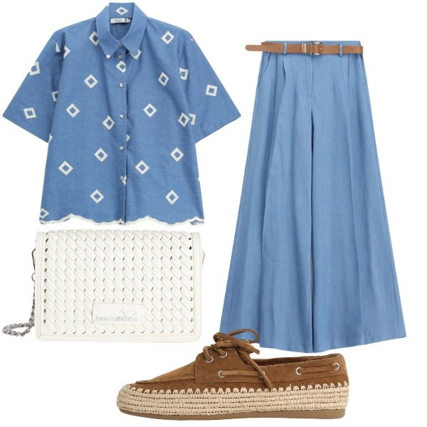 Outfit donna - Chic in jeans. Stile Chic per Tutti i giorni. Abbinamento con camicie a manica corta, scarpe stringate, jeans, borse a tracolla.