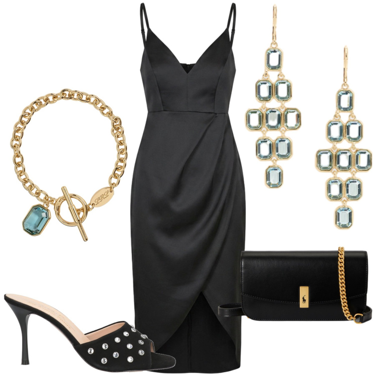 Outfit donna - Serata a due. Stile Sexy per Serata fuori. Abbinamento con sandali in pelle, vestiti asimmetrici, clutch, orecchini, braccialetti.
