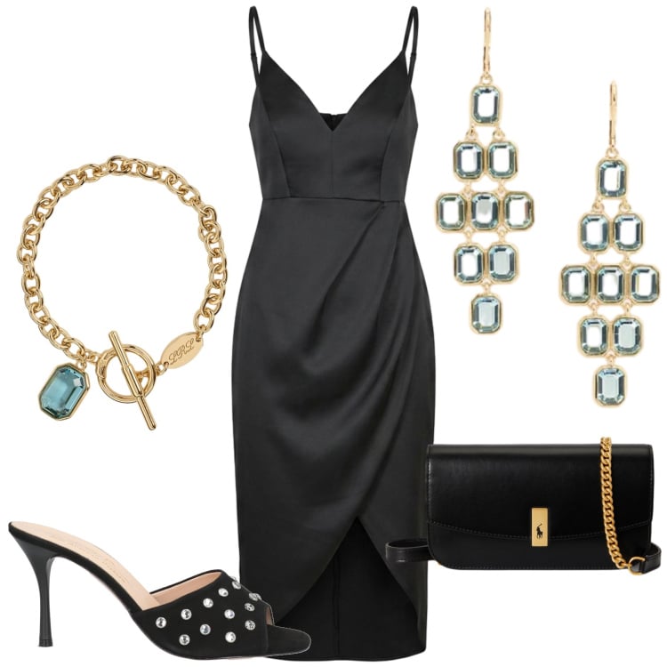 Outfit donna - Serata a due. Stile Sexy per Serata fuori. Abbinamento con sandali in pelle, vestiti asimmetrici, clutch, braccialetti, orecchini.