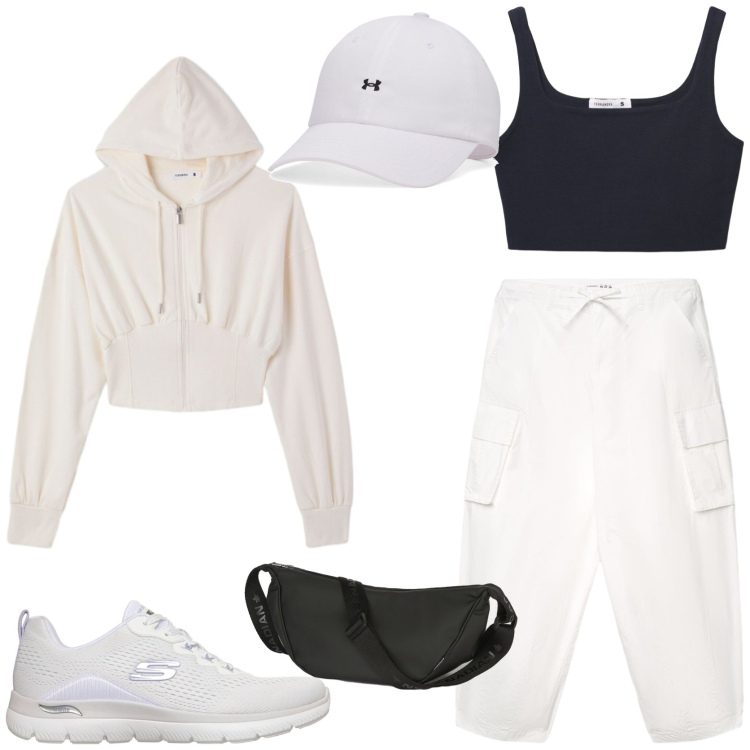 Outfit donna - Stylish functional. Stile Casual per Sport. Abbinamento con pantaloni cargo, felpe con cappuccio, canottiere, marsupi, scarpe sportive, cappelli con visiera.