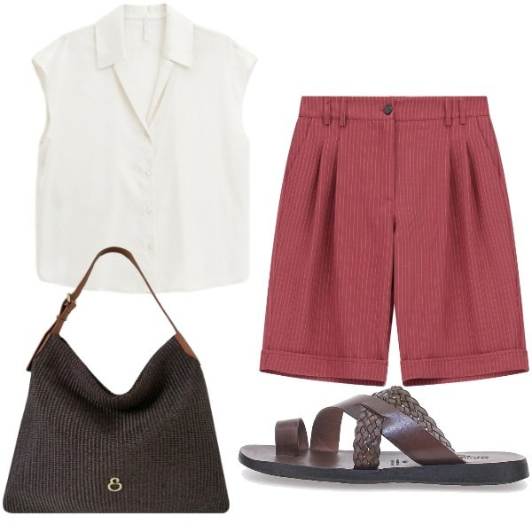 Outfit donna - Bermuda a righine. Stile Casual chic per Tutti i giorni. Abbinamento con bermuda, camicie, borse a spalla, ciabatte.