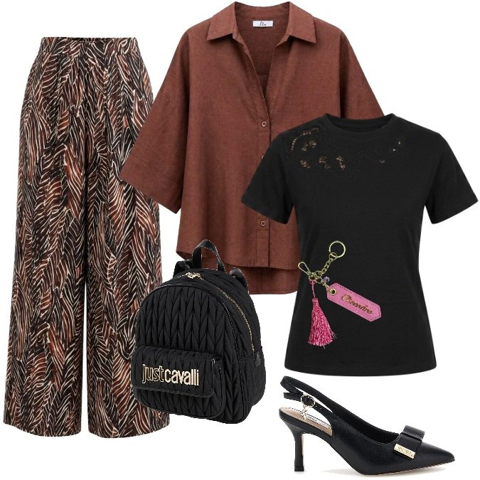Outfit donna - Chic a tarda sera - Anima Urban. Stile Urban per Tutti i giorni. Abbinamento con zaini, pantaloni a palazzo, camicie, t-shirt, portachiavi, décolleté.
