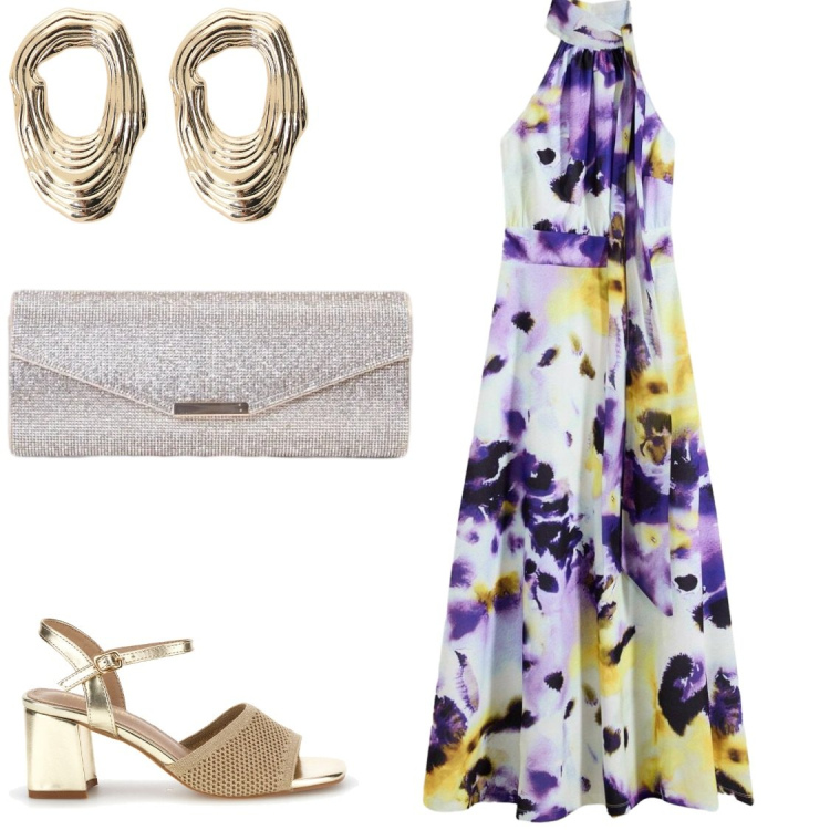 Outfit donna - Eventi. Stile Chic per Cerimonia. Abbinamento con vestiti lunghi, orecchini, clutch, sandali col tacco.