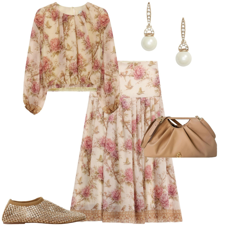 Outfit donna - Romantica chic cerimonia evento. Stile Romantica per Cerimonia. Abbinamento con ballerine, gonne lunghe, top, orecchini, clutch.
