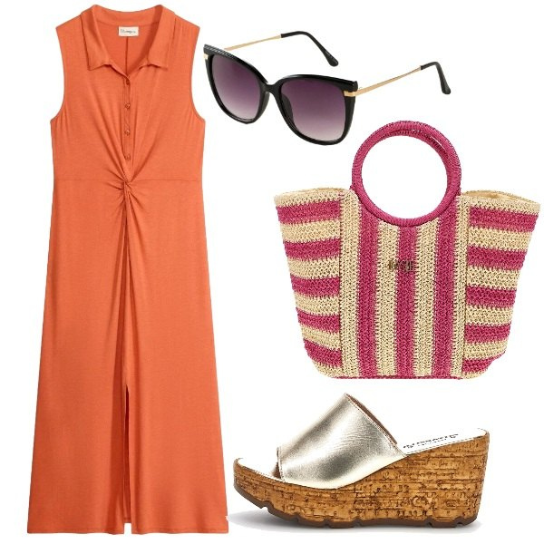 Outfit donna - Sunset. Stile Vintage retrò per Serata fuori. Abbinamento con vestiti chemisier, occhiali da sole, zeppe, borse a mano.