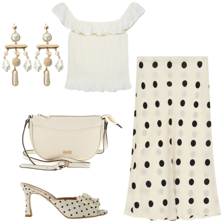 Outfit donna - Total look #2445059. Stile Bon Ton per Serata fuori. Abbinamento con top, sandali col tacco, orecchini, gonne longuette, borse a tracolla.