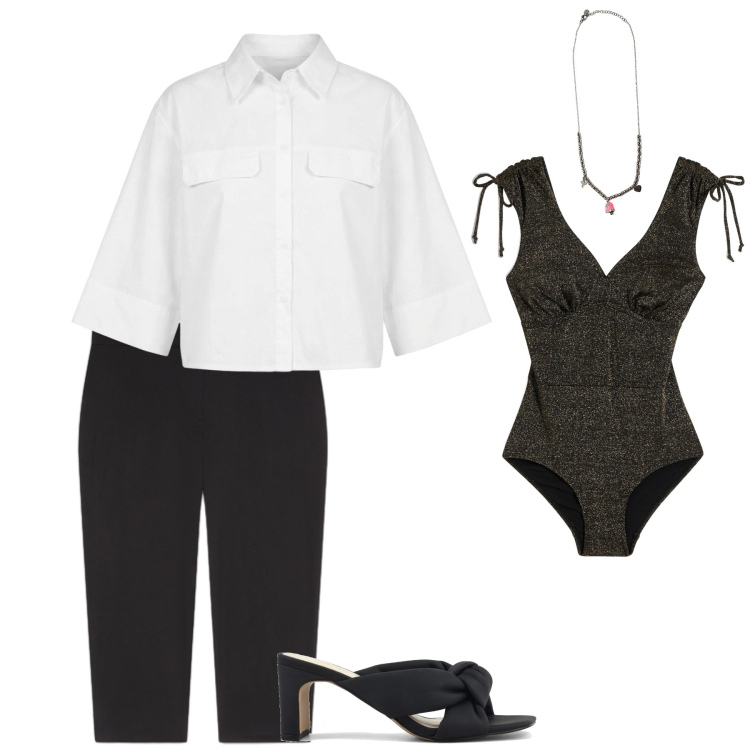 Outfit donna - Destinazione mare. Stile Preppy per Mare. Abbinamento con pantaloni capri, ciondoli, camicie a manica corta, sandali col tacco, costumi interi.